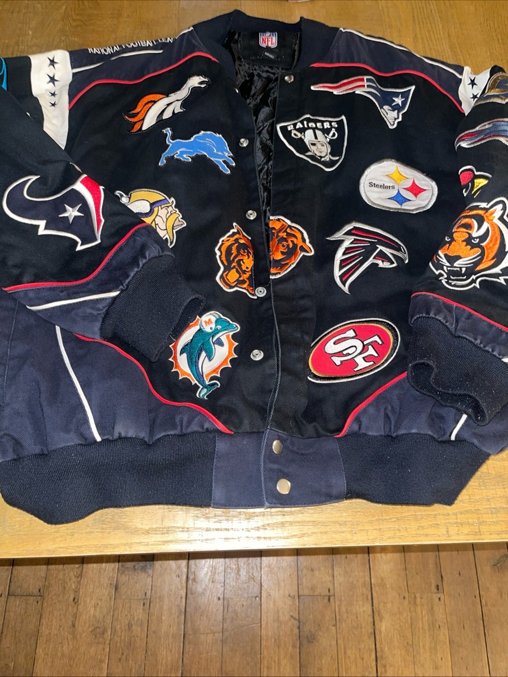 Vintage NFL All Teams Multi Logo Varsity XXL Black Embroidered Bomber Jacket